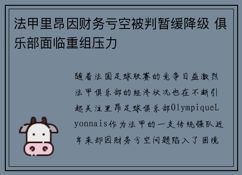 法甲里昂因财务亏空被判暂缓降级 俱乐部面临重组压力